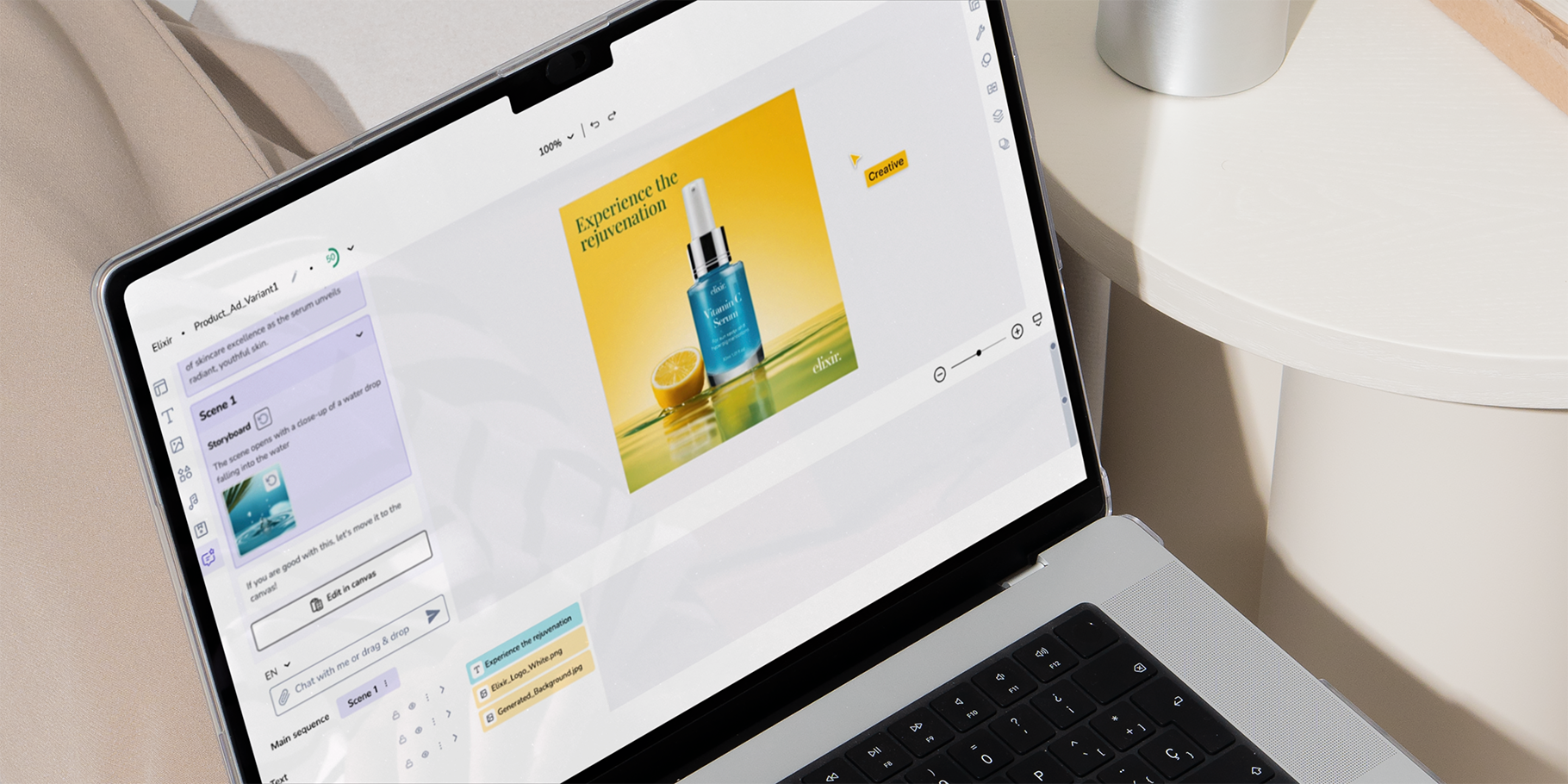 Pencil AI preview on laptop with Monotype Library integration. Sample ad with editing options displayed.