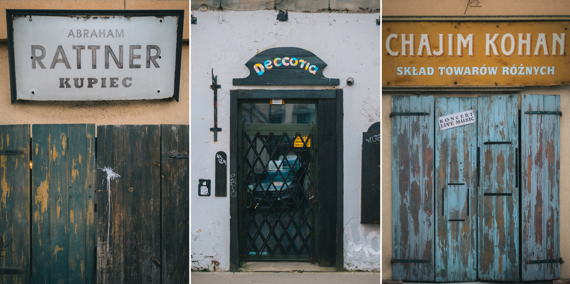Three business entryways in Kraków, all showcasing varied typographic styles, from the traditional to the bright and playful.