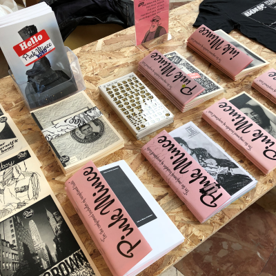 Issues of Pink Mince for sale at the Fruit Exhibition independent art book fair in Bologna.