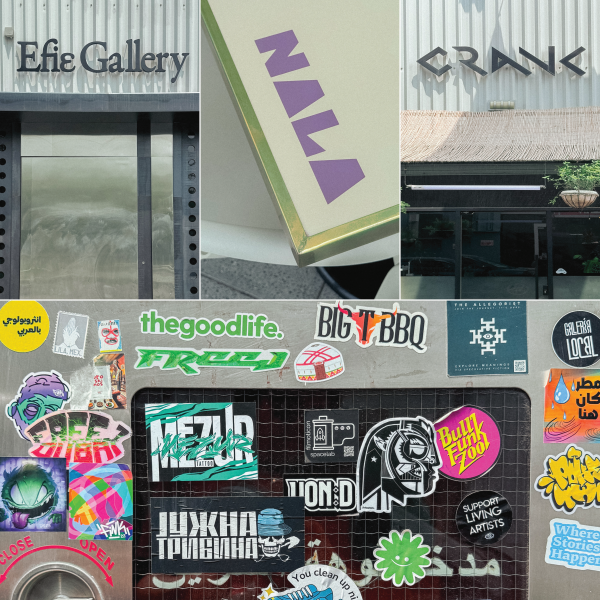 Alserkal Avenue is home to great typography and graphic design spanning from retro-punk to contemporary minimalist. Pictured examples include street signs and brightly colored stickers.