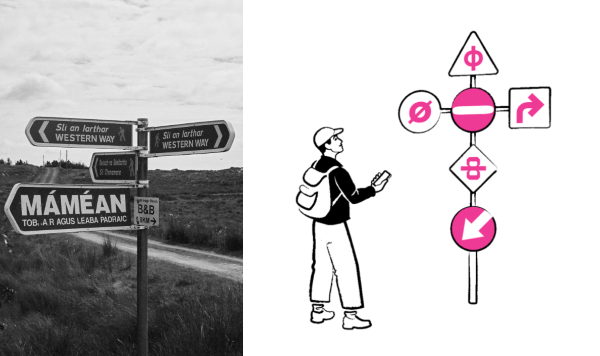 Image of wayfinding signs. Credit Jake Murtaugh (black and white photo at left) and Monotype (image at right).