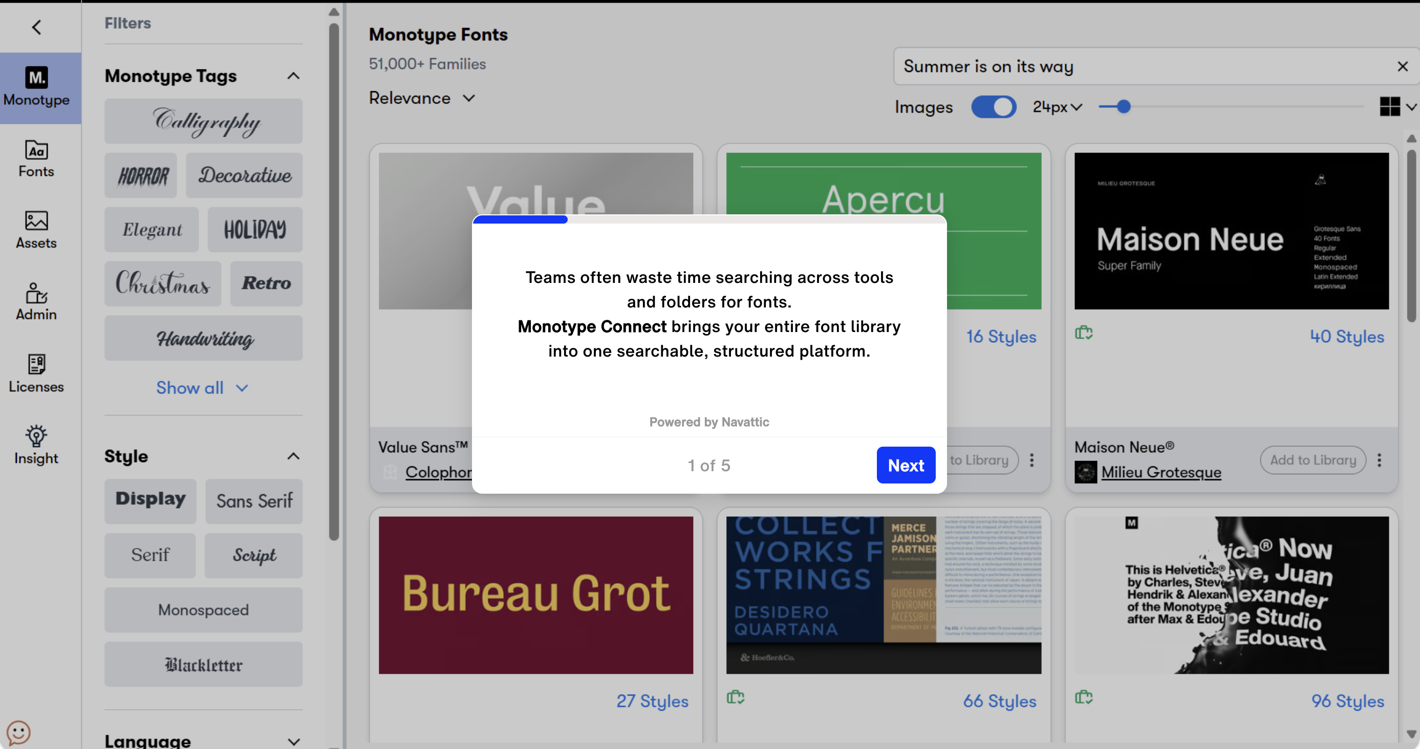 Monotype Connect platform interface showing font management, licensing, and governance for enterprise teams.