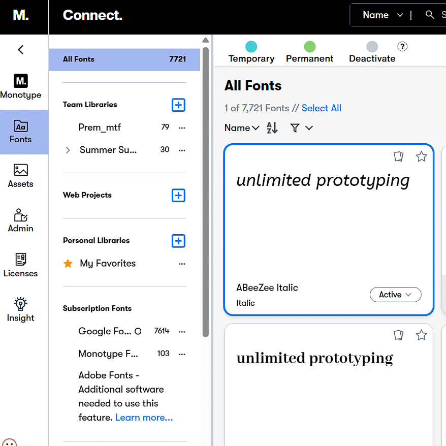 Monotype Connect interface preview