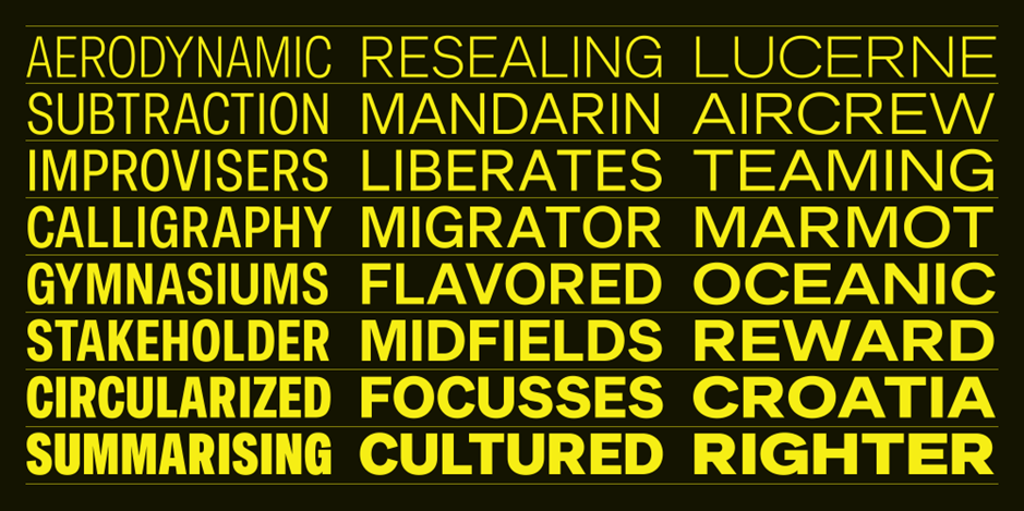 An image featuring the Sinar Grotesk typeface in a variety of different words