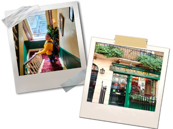 A stylized polaroid collage for Sneha's photos of Sherlock Holmes' fabled Baker St residence.