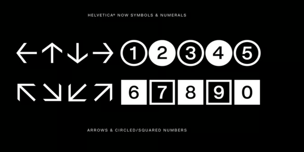 A typography specimen of the Helvetica Now typeface featuring symbols and numbers.