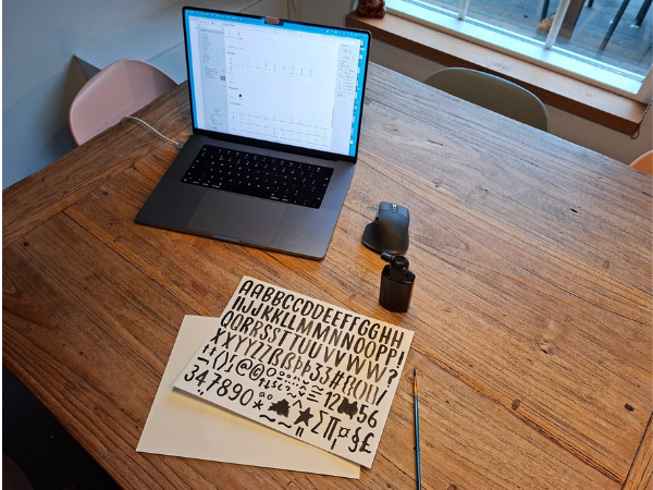 Photo of David's laptop along a calligraphy quill, ink, and a handwritten calligraphy sample of what we can assume will eventually become a typeface.