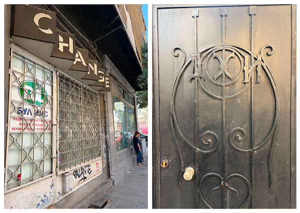 On the left: old commercial lettering surviving above a contemporary Sofia street, just one more layer in the city’s accidental visual archive. On the right: a solid metal door in central Sofia, marked only by the initials “Д.Ж.И.”