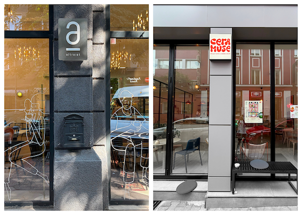 On the left: Altruist Specialty Coffee (using Plamen's first font, Phenomena, as a prime element of its identity). On the right: Cera Muse, which sells specialty coffee and ceramics in KvARTal. A good place to start a slow walk through the neighborhood.