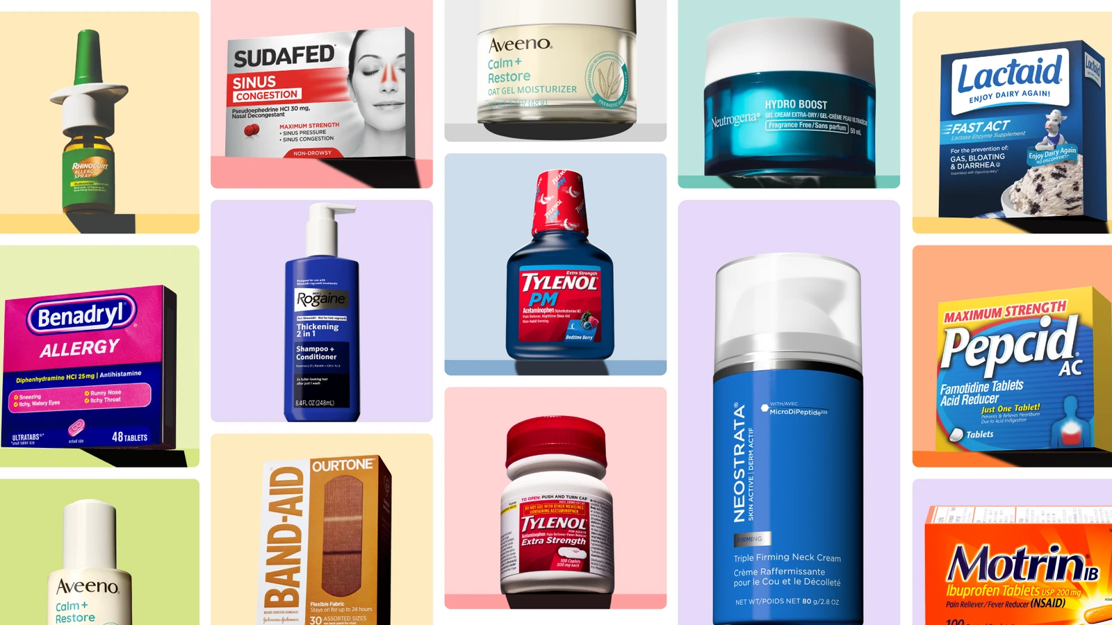 Grid of health and skincare products including Tylenol, Benadryl, Neutrogena, Aveeno, and Pepcid.