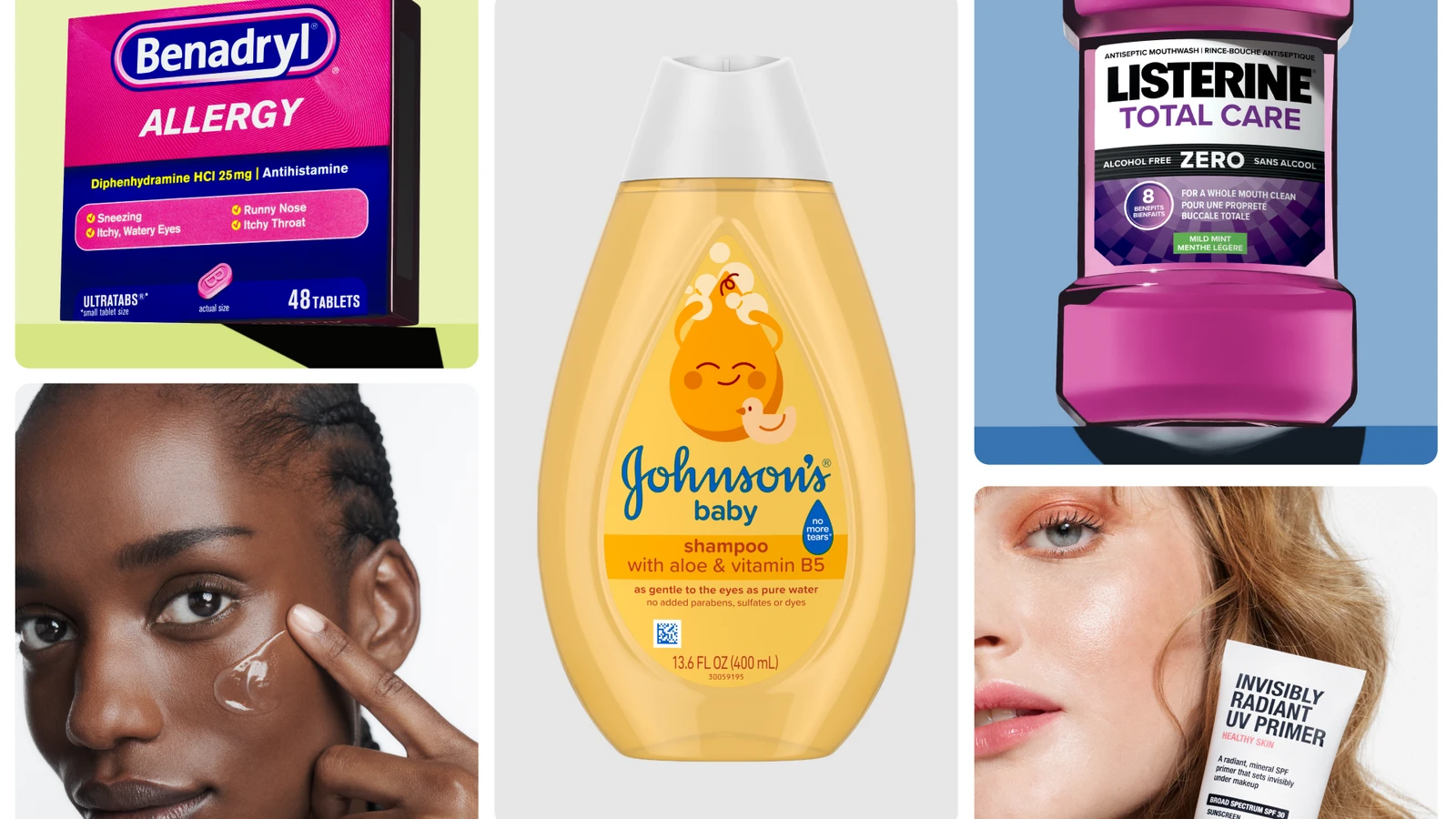 Collage of Kenvue consumer health and beauty products, including Benadryl, Johnson’s Baby, and Listerine, alongside skincare imagery.