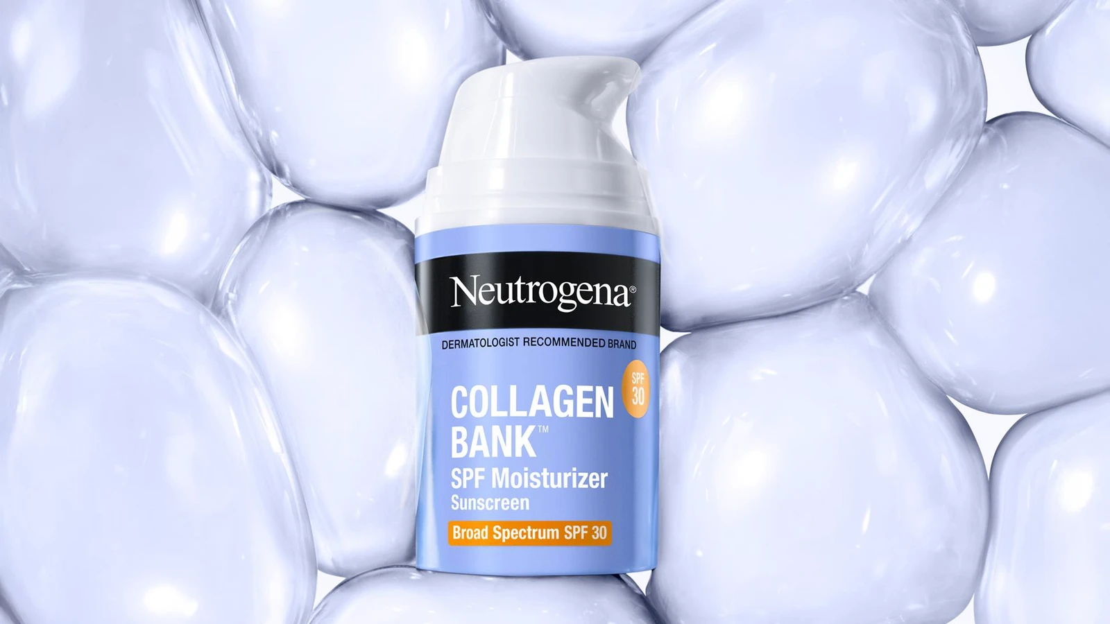 Neutrogena Collagen Bank SPF moisturizer bottle against a soft bubble-like background.