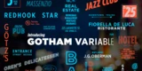 Main text centered, in white: "Introducing Gotham Variable." Dark background with neon city signs in orange, blue, and white. "Celebrating 25 years of Gotham" stamp in upper right corner in orange and white.
