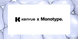 Kenvue x Monotype logo centered on a white card over a soft abstract background.