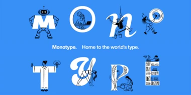 Monotype letters with playful cartoon images on each letter. Text: "Monotype. Home to the world's type." Blue background.