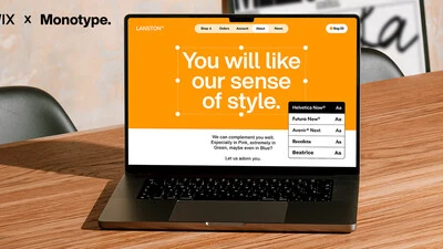 Wix x Monotype Partnership PR Newsroom Image. Image of laptop on a table with white text on an orange background. The image showcases selecting the right typography for your project. Text says: "You will like our sense of style." Type style menu options are displayed. The Wix X Monotype logo lockup is in the upper left corner.