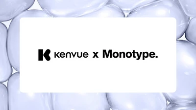 Kenvue x Monotype logo centered on a white card over a soft abstract background.
