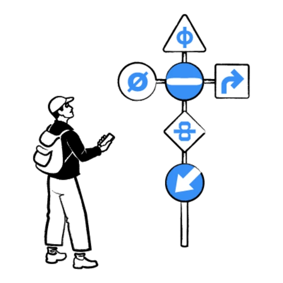 Person with smartphone at symbolic signpost featuring arrows, Greek Phi, and math symbols.