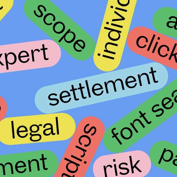 Colorful rounded labels with black text float on a blue gradient background, showing words like “scope,” “indivisible,” “settlement,” “legal,” “risk,” “script,” “click,” and “font set” at various angles.