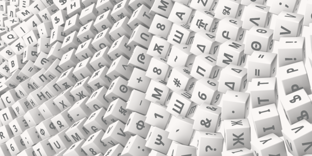A rolling cascade of cubes, with various glyphs from different languages, as well as punctuation, on each side A rolling cascade of cubes, with various glyphs from different languages, as well as punctuation, on each side
