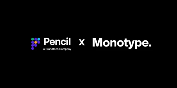 P made out of different colored dots. Logos text in white on a black background: " Pencil, A Brandtech Company x Monotype." P made out of different colored dots. Logos text in white on a black background: " Pencil, A Brandtech Company x Monotype."