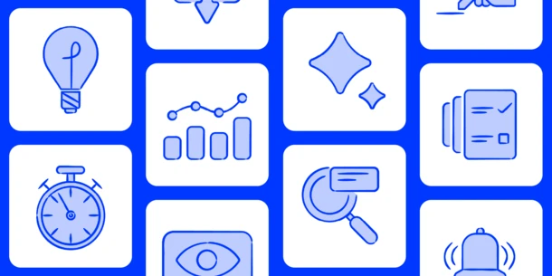 White squares with rounded corners on a blue background with blue icons in each rounded square. Icons include: light bulb, stop watch, chart, sparkle, eye, stack of documents, alarm, search.