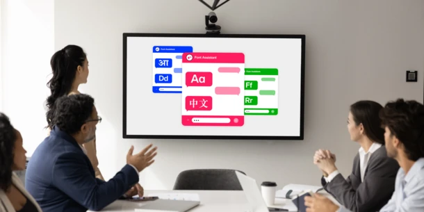 People in a boardroom discuss while looking at a large screen displaying type in varying scripts, including Latin and Chinese, in blue, red, and green.