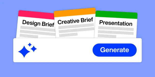 Three windows above an AI prompt bar that says "Generate." They read: "Design Brief, Creative Brief, Presentation."