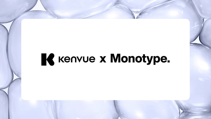 Kenvue x Monotype logo centered on a white card over a soft abstract background.