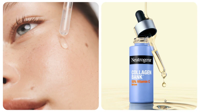 Split image of facial serum being applied and a Neutrogena serum bottle with dropper.