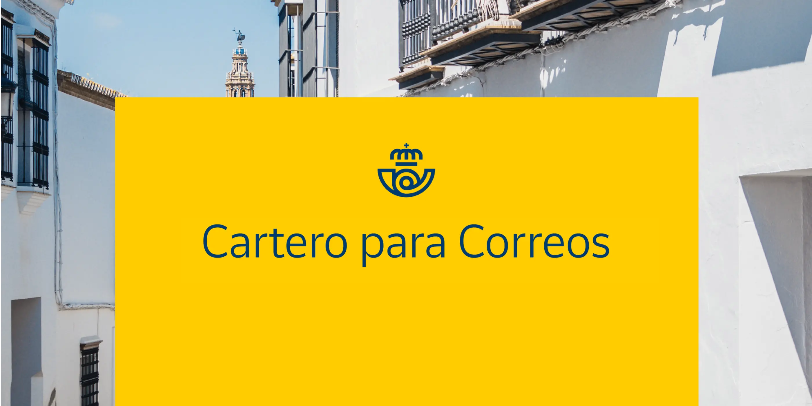 Cartero para Correos exibida no tipo de letra, sobrepondo edifícios brancos espanhóis