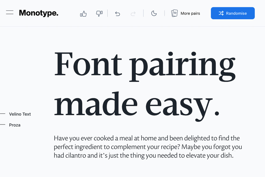 Font pairing made easy. Monotype's font pairing tool is shown, displaying a serif and sans serif font paired together.