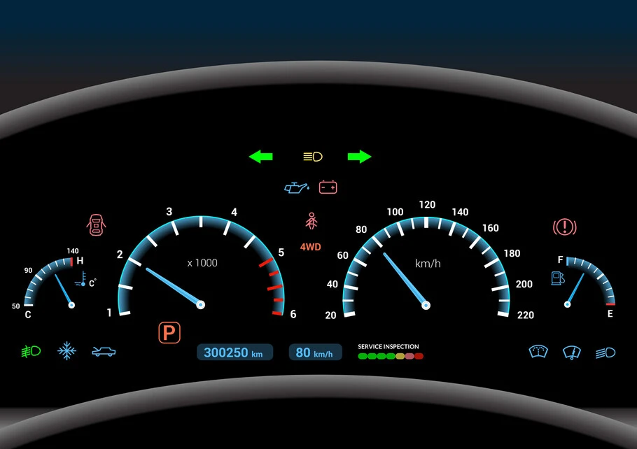 Car dashboard. Credit: Macrovector/iStock Car dashboard lit up.