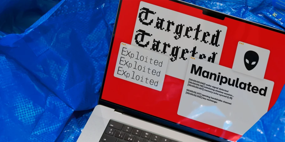 Image of laptop computer on a blue tarp. Screen background is orange with popups with an alien icon, "Targeted Targeted", "Exploited, Exploited, Exploited" and "Manipulated" in white boxes.