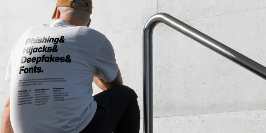 A person wearing a white shirt sits facing away from the camera. Black text on the shirt reads: "Phishing& Hijacks& Deepfakes& Fonts," echoing a common shirt format.