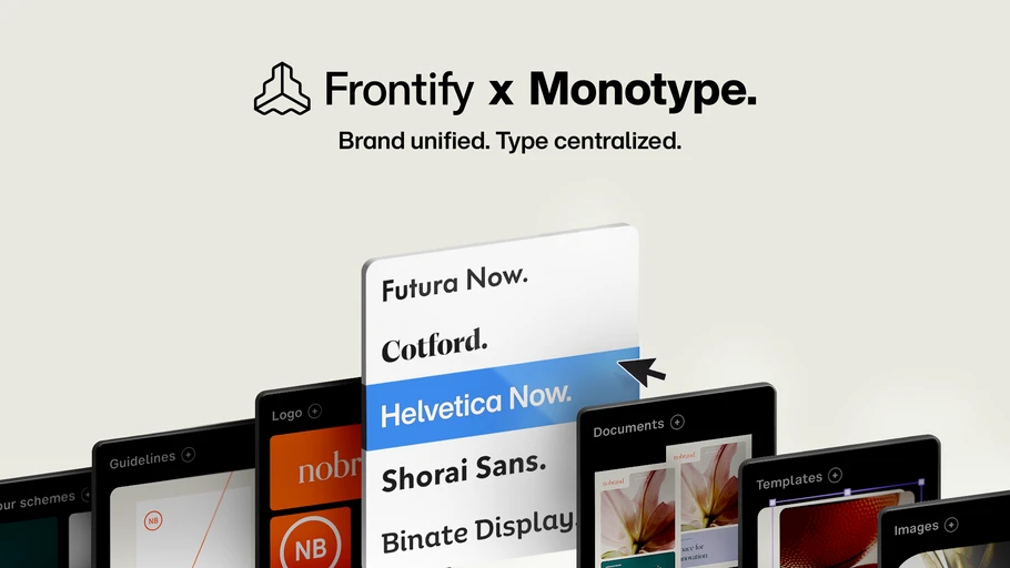 "Frontify x Monotype" lockup and text: "Brand unified. Type centralized." with boxes moving up like a slinky. Typeface names appear in the middle box. Designs in the other boxes.