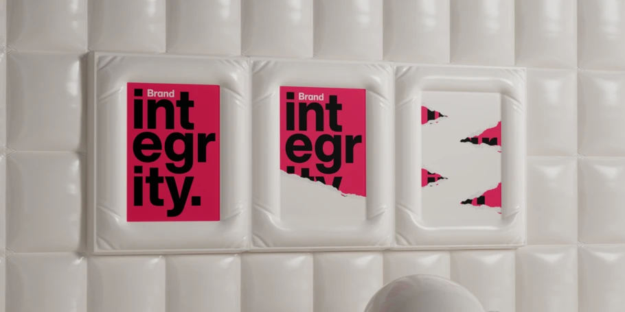 Image of three posters on a white inflated background. Poster is Tokyo Red, with "integrity." in large black text. The poster is ripped, degrading as you move from left to right.