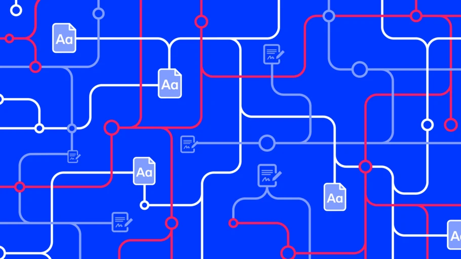 Illustration of font licensing as infrastructure: a metro-style network map connecting font files and license agreements through branching pathways, representing scalable type licensing systems.