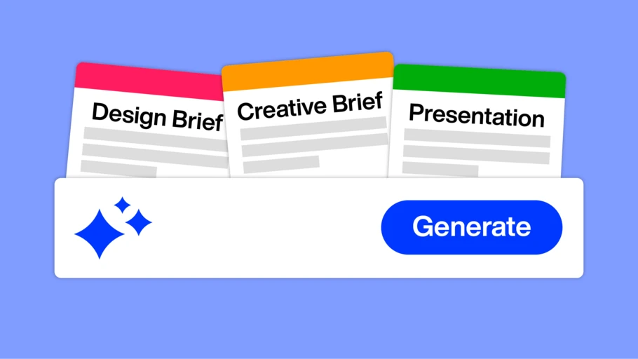 Three windows above an AI prompt bar that says "Generate." They read: "Design Brief, Creative Brief, Presentation."